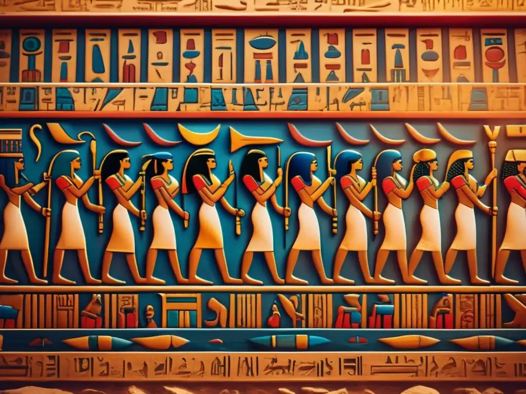 Hermoso mural de jeroglíficos sagrados en templos de Egipto