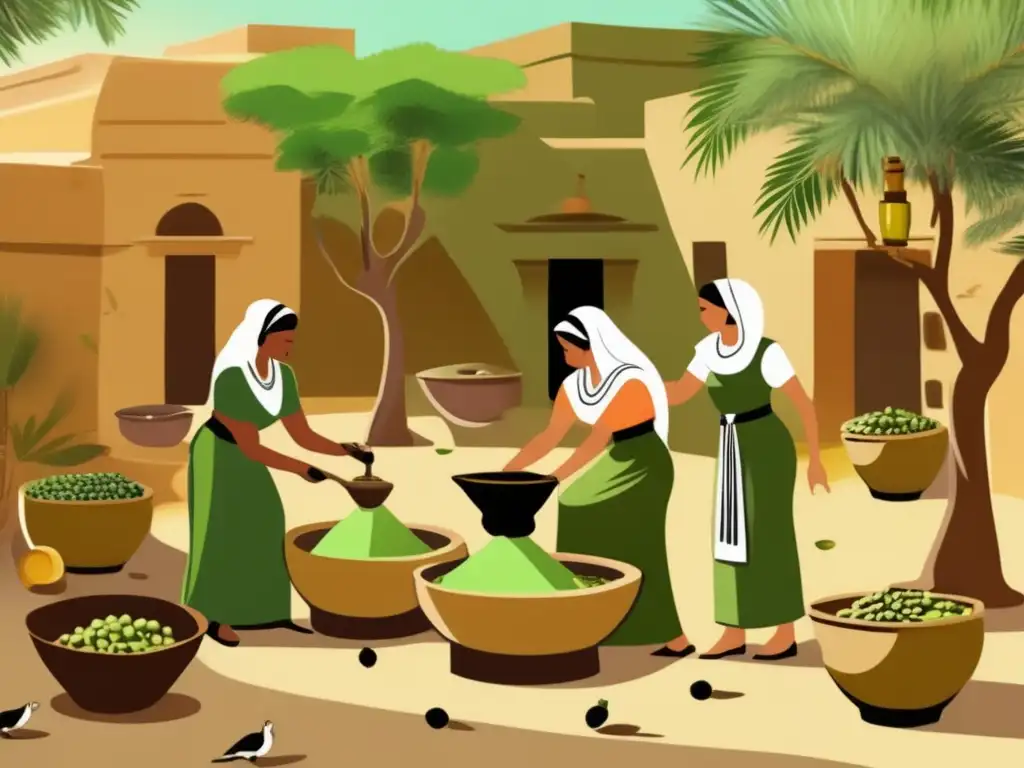 Un hermoso patio sereno en Egipto antiguo, donde mujeres extraen aceite de oliva de manera tradicional