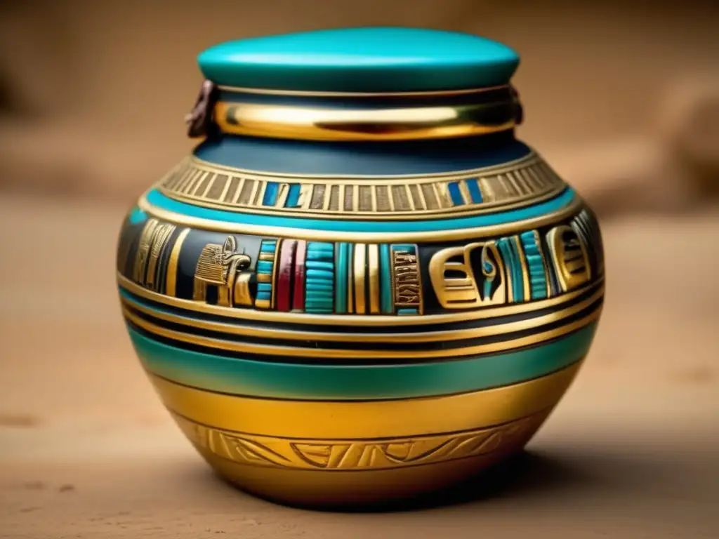 Un hermoso vaso canopo de Qebehsenuef de Egipto antiguo, con intrincadas inscripciones y colores vibrantes