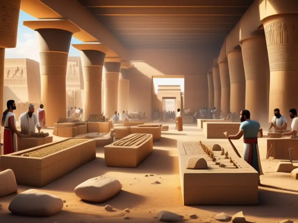 Herramientas de ingeniería en la antigua civilización de Egipto: un taller bullicioso de artesanos y técnicos, trabajando con precisión en la construcción de estructuras icónicas como las pirámides