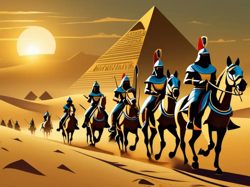 Hicsos guerreros a caballo avanzan hacia las majestuosas pirámides del antiguo Egipto