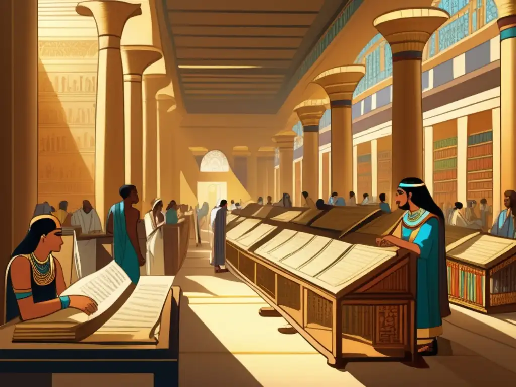 Una ilustración vintage hipnotizante muestra un bullicioso escenario en un scriptorium egipcio antiguo