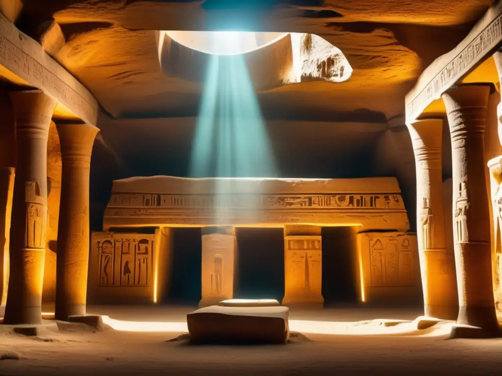 Un hipogeo egipcio antiguo revela secretos de su arquitectura en una cámara subterránea iluminada tenue
