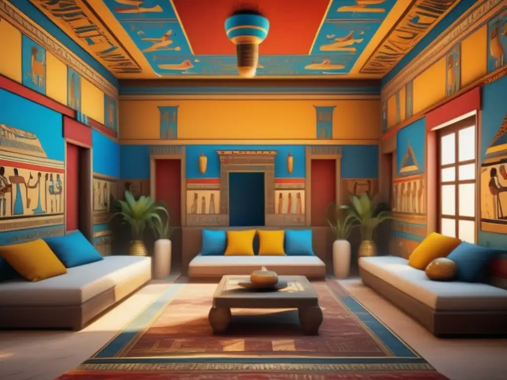 Decoración del hogar en Egipto: Una habitación antigua de lujo, con pinturas vibrantes y muebles tallados con motivos egipcios