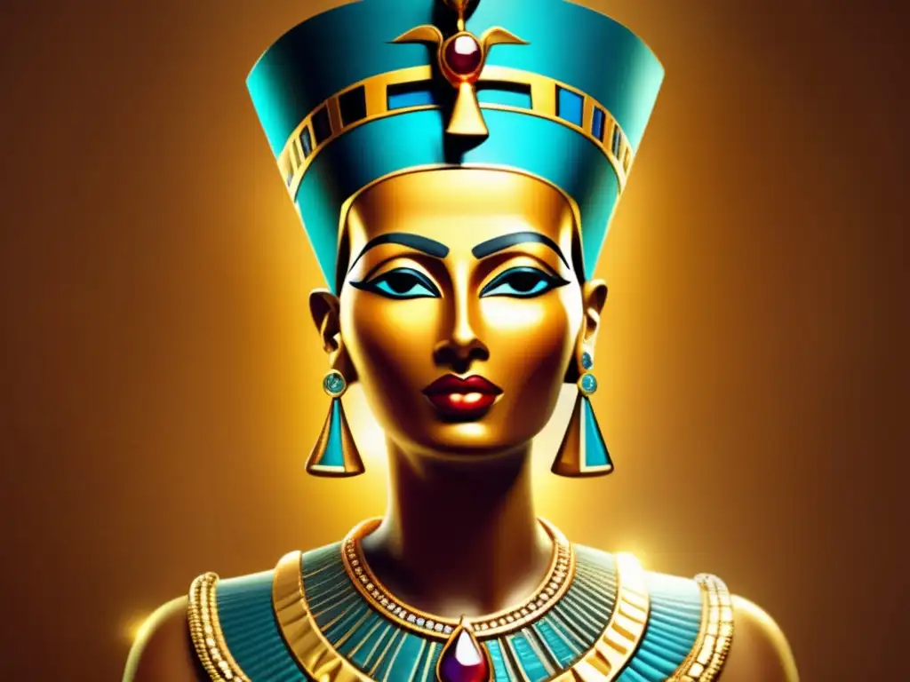 La icónica busto de la Reina Nefertiti, con joyas doradas y un tocado, destaca en esta imagen vintage de alta resolución