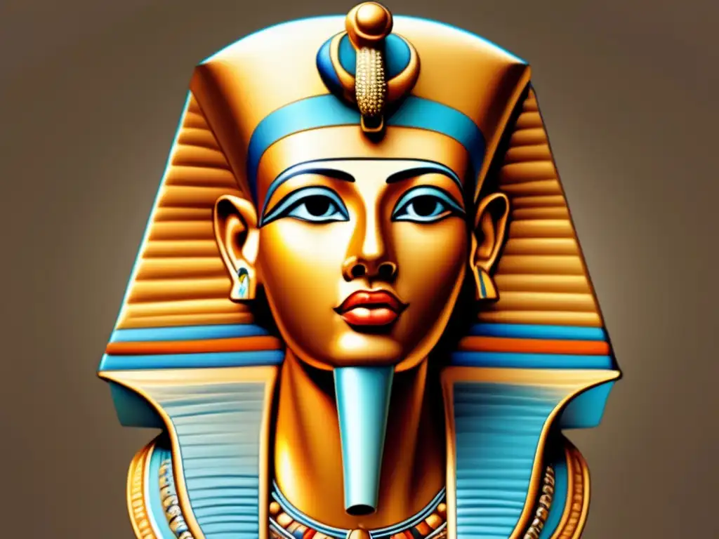 Una ilustración vintage de la icónica efigie de Akhenaten, faraón del período Amarna, rodeada de simbología en un cálido ambiente dorado