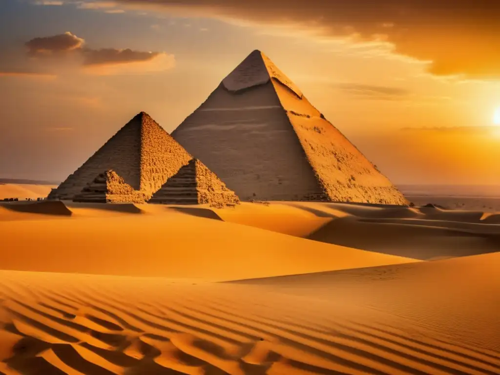 La icónica Gran Pirámide de Giza se alza majestuosamente en el paisaje desértico, iluminada por el cálido resplandor del sol poniente