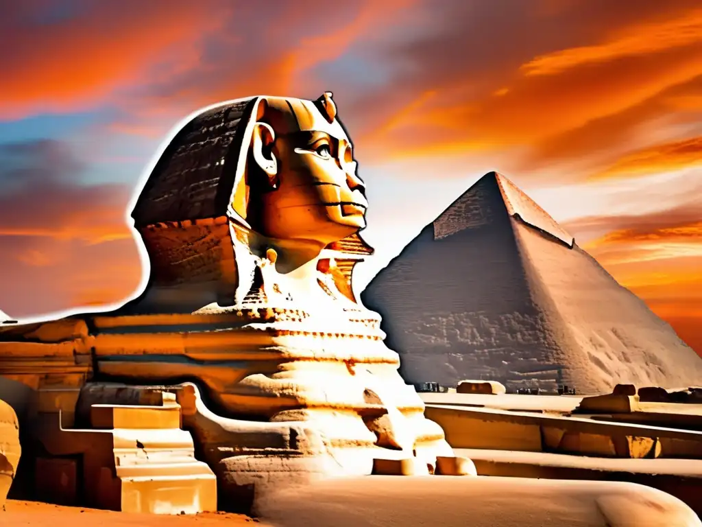 El icónico Sphinx de Giza se alza majestuoso ante un cielo atardecer, revelando la preservación del legado de Egipto en cada marca de su superficie