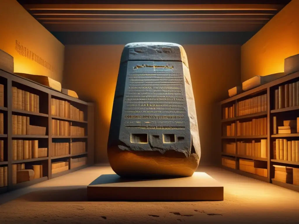 La icónica Piedra Rosetta, iluminada por una cálida luz dorada, destaca en el centro de la imagen