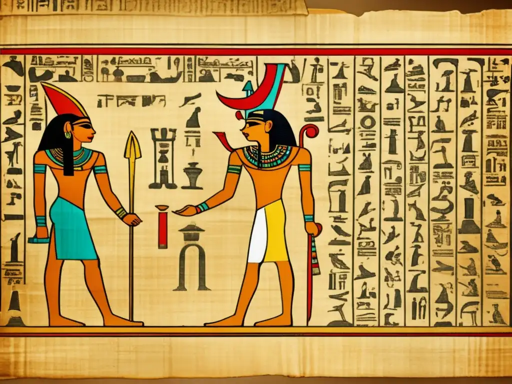 Una ilustración vintage de un antiguo papiro egipcio, con inscripciones jeroglíficas, revela la liturgia en textos religiosos egipcios