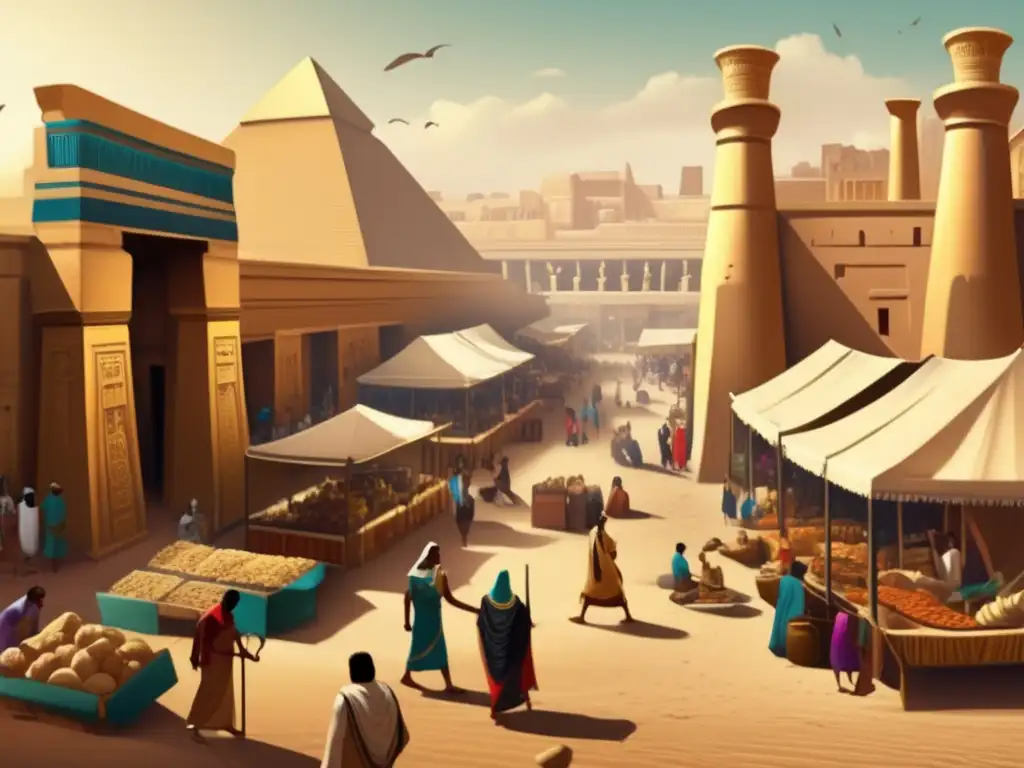 Una ilustración vintage de un bullicioso mercado en el antiguo Egipto durante el Tercer Periodo Intermedio