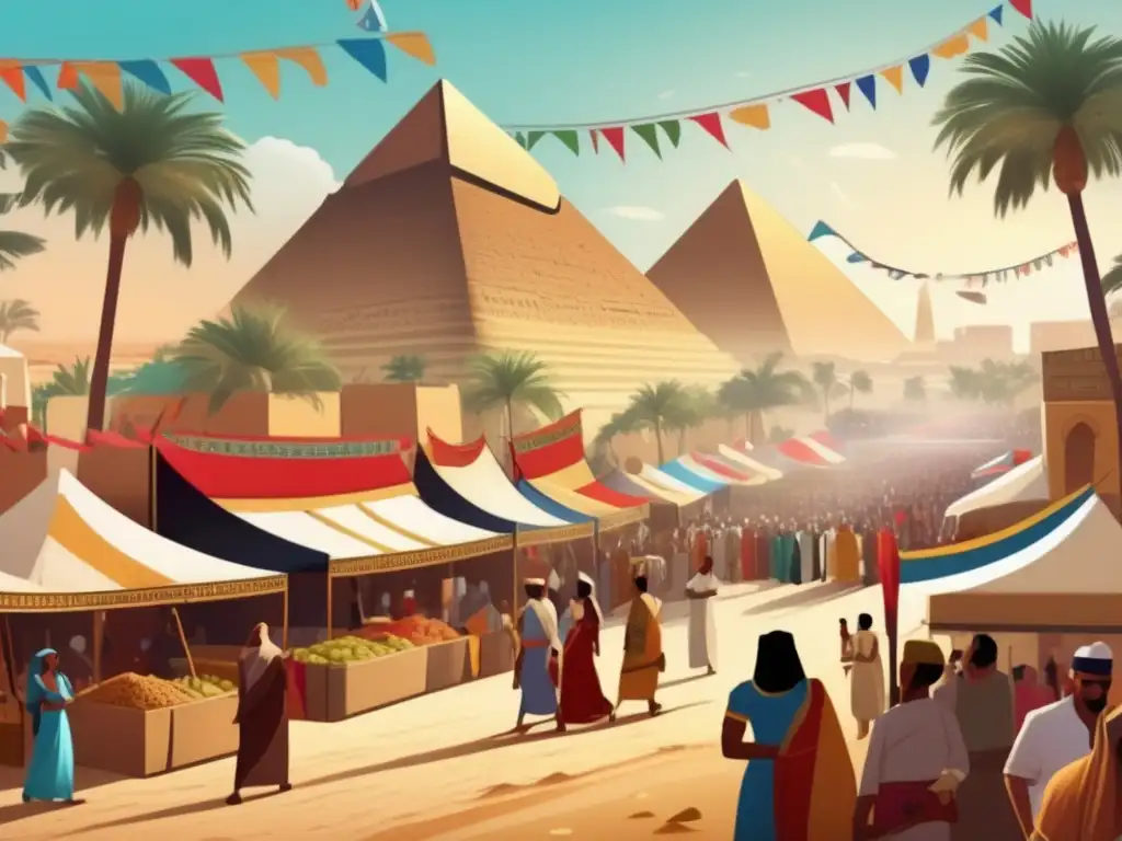Una ilustración vintage de un bullicioso mercado egipcio durante una festiva celebración en el antiguo imperio