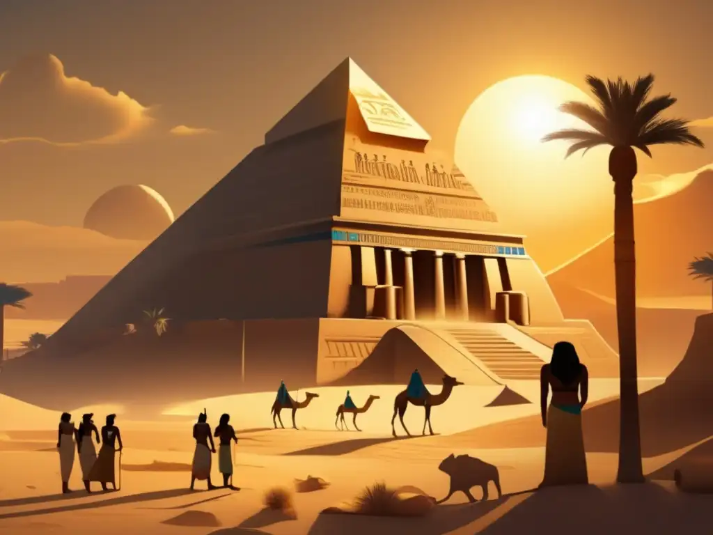 Templo sagrado en el antiguo Egipto: Un retrato detallado y majestuoso de la arquitectura y poder religioso de los faraones Una ilustración vintage de un complejo de templos en el antiguo Egipto, con jeroglíficos, estatuas de faraones y una atmósfera divina