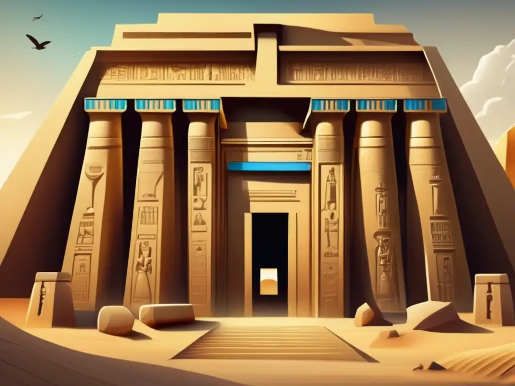 Una ilustración vintage de un complejo de templos egipcios muestra una arquitectura intrincada con decoraciones y jeroglíficos