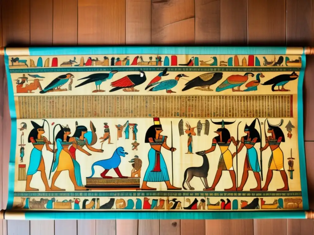 Una ilustración detallada muestra un antiguo pergamino de papiro pintado a mano desplegado sobre una mesa de madera