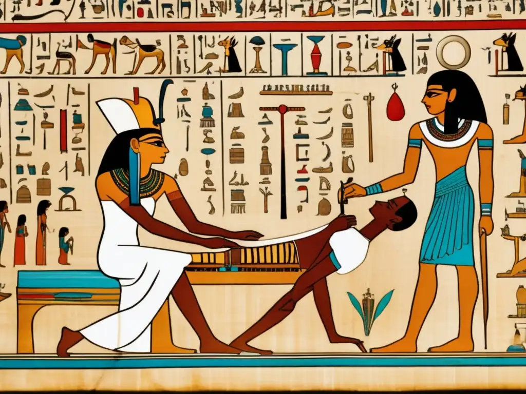 Una ilustración detallada de un antiguo pergamino egipcio que muestra la medicina preventiva en el antiguo Egipto