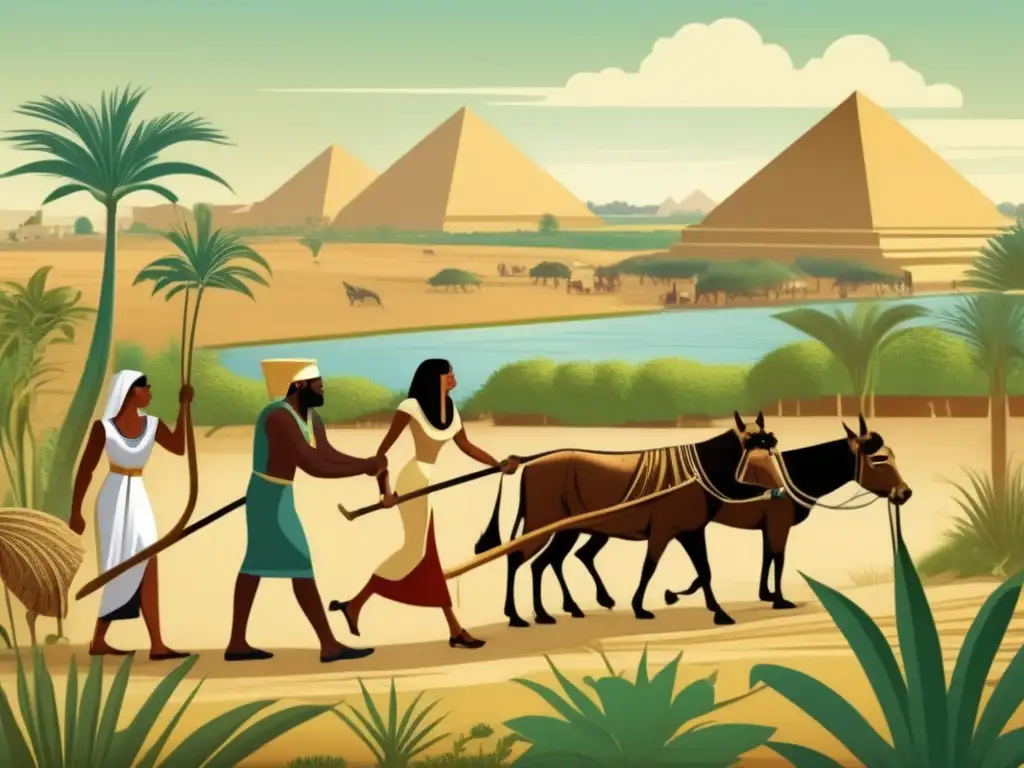 Una ilustración detallada y vintage muestra la Revolución Agrícola en el Antiguo Egipto