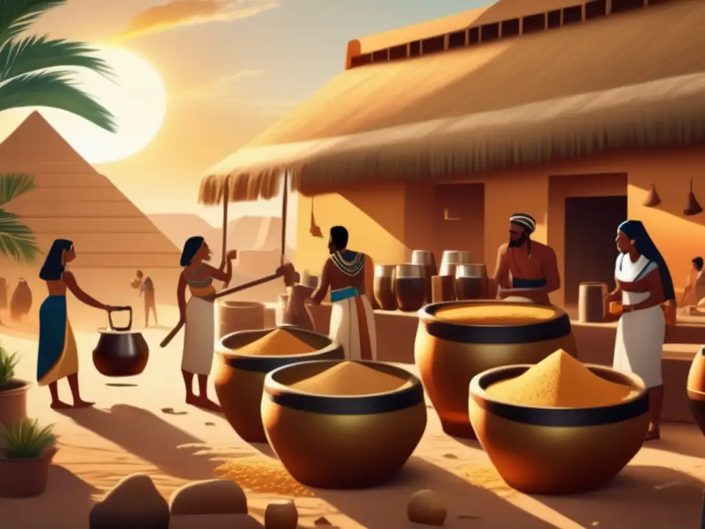 Una ilustración detallada de antiguos egipcios elaborando cerveza, resaltando la importancia de la cerveza en la vida egipcia