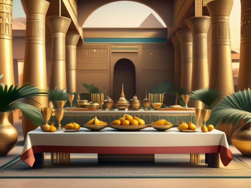 Una ilustración detallada muestra un banquete lujoso en el antiguo Egipto, con significados ocultos en la comida