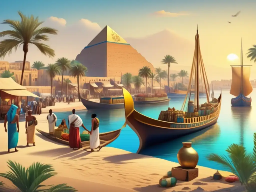 Una ilustración detallada de una bulliciosa ruta comercial antiguo Egipto-Punt, con colores vibrantes y detalles intrincados