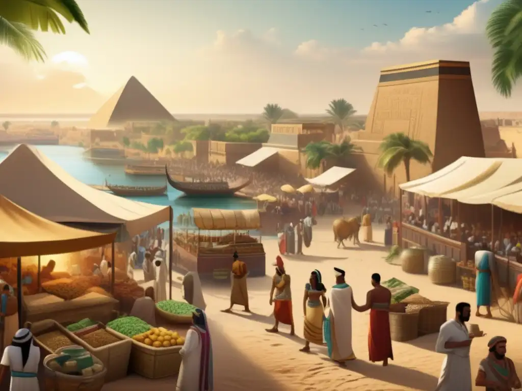 Una ilustración detallada muestra un bullicioso mercado en el antiguo Egipto durante el Segundo Periodo Intermedio