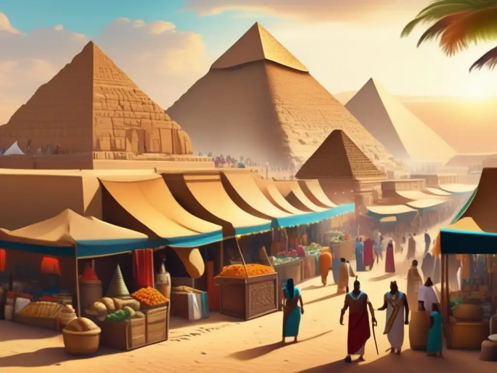 Una ilustración detallada muestra un bullicioso mercado en el antiguo Egipto, con las Grandes Pirámides de Giza de fondo