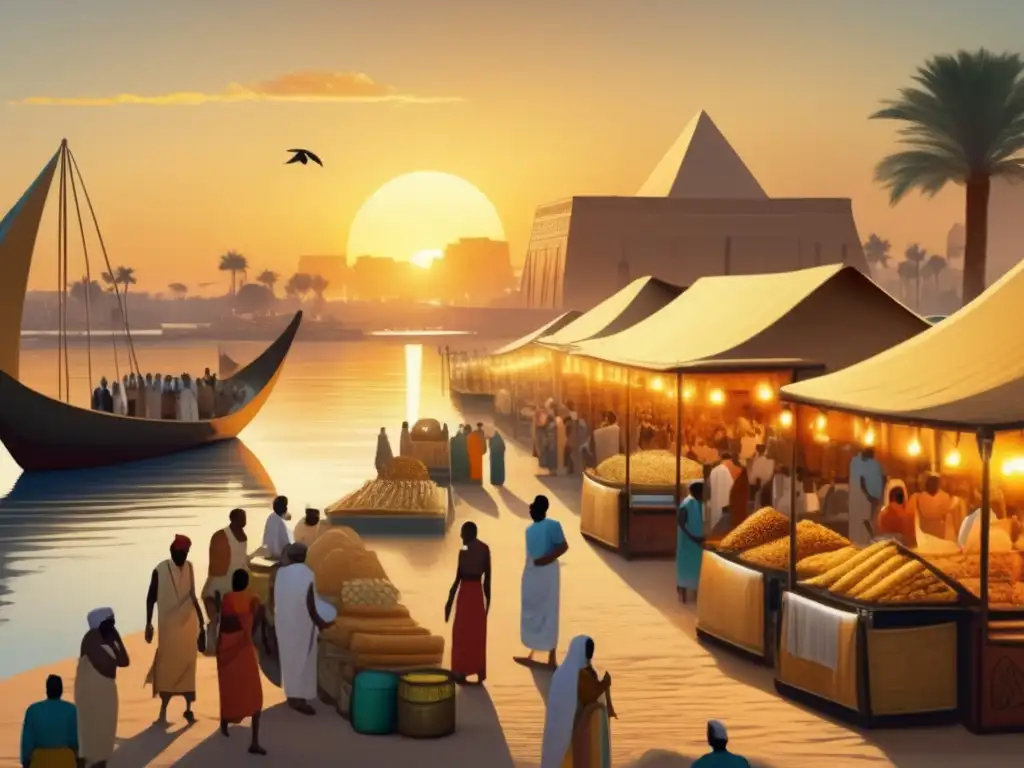 Una ilustración detallada de un bullicioso mercado egipcio antiguo a orillas del majestuoso río Nilo