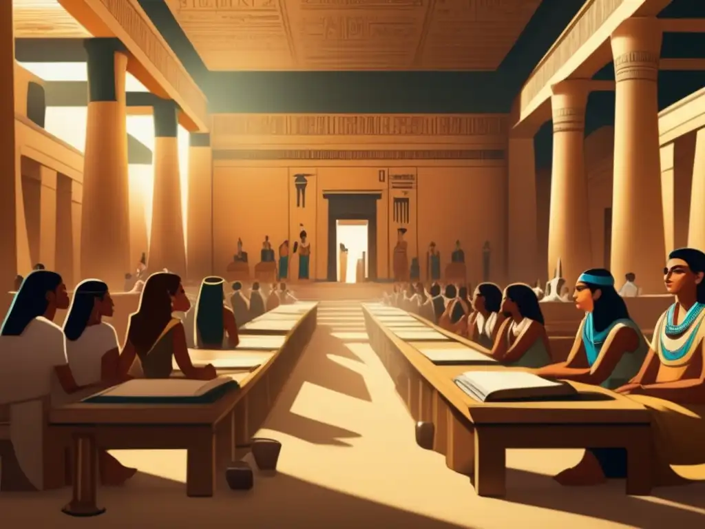 Una ilustración detallada muestra una escena antigua de un salón de clases en Egipto