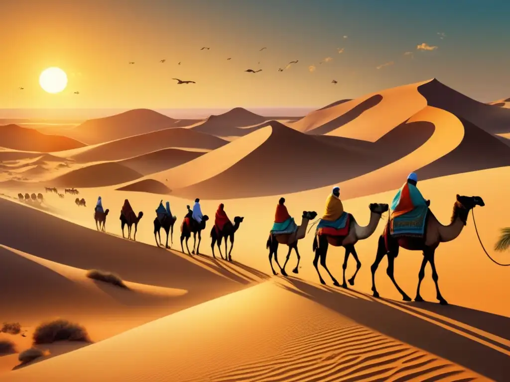 Una ilustración detallada muestra una escena desértica bulliciosa con una caravana de camellos recorriendo las dunas