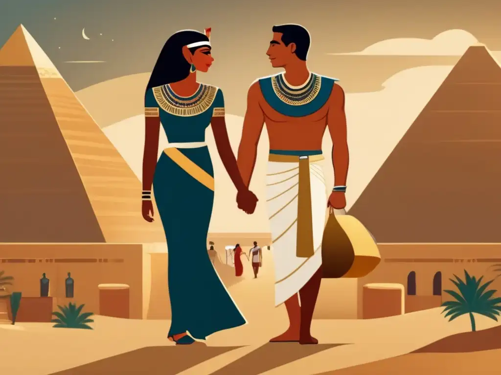 Una ilustración detallada en sepia de una escena romántica en el antiguo Egipto, con costumbres románticas antiguos egipcios