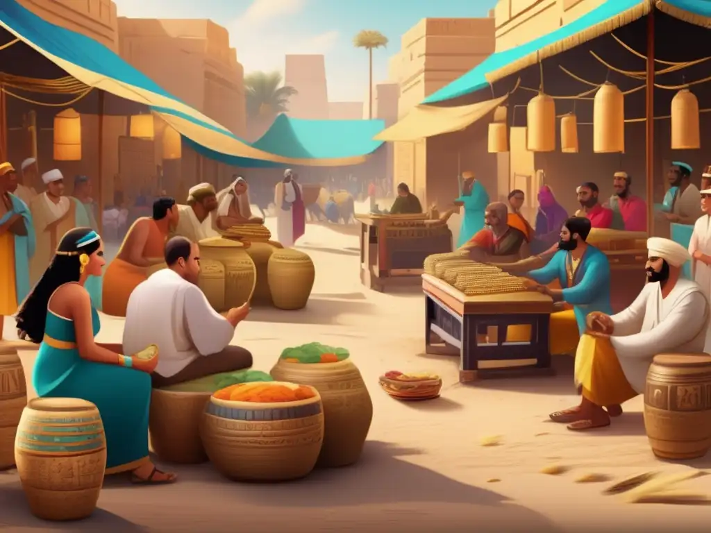 Una ilustración detallada que captura la esencia de un animado mercado en el antiguo Egipto