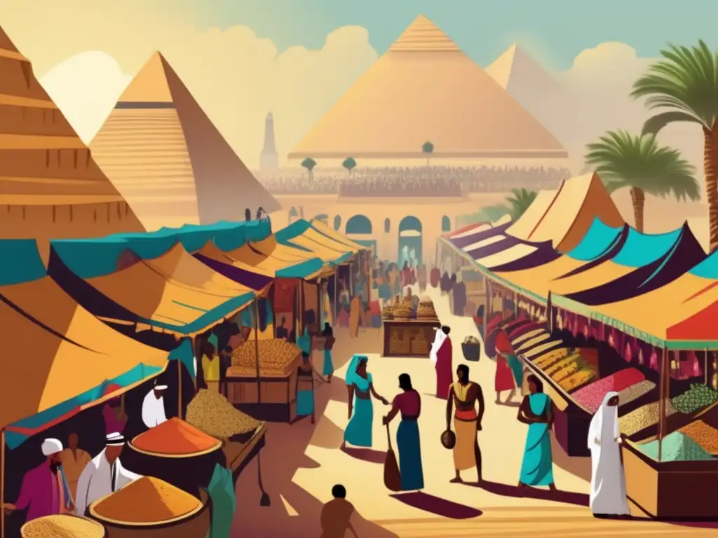 Una ilustración detallada estilo vintage de un bullicioso mercado egipcio con arquitectura antigua de fondo