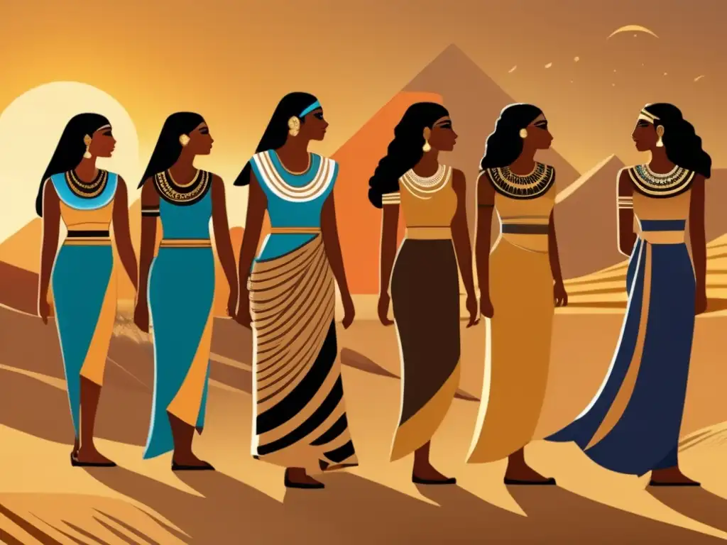 Una ilustración detallada en estilo vintage del rol femenino en el Egipto Predinástico, con el desierto como telón de fondo y un cálido resplandor dorado al atardecer