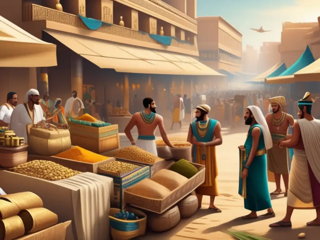 Una ilustración detallada en estilo vintage muestra un bullicioso mercado en el antiguo Egipto, con comerciantes regateando precios y exhibiendo productos