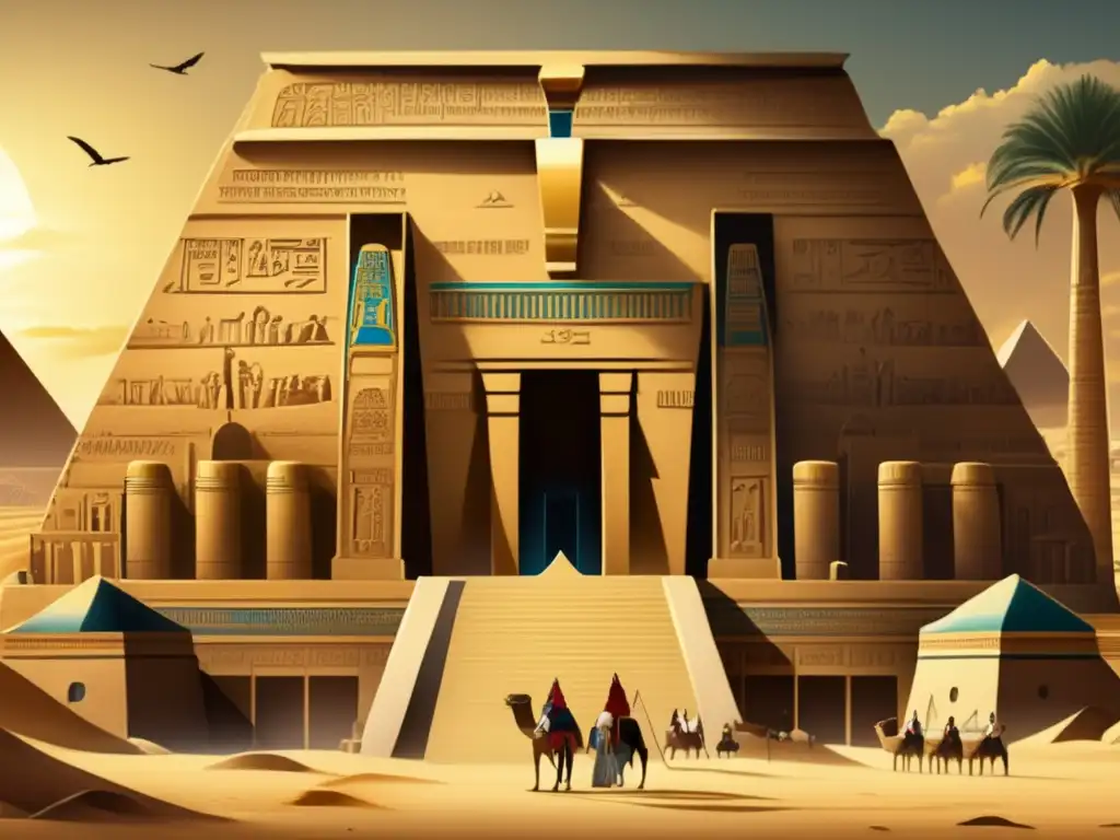 Una ilustración detallada estilo vintage que muestra un magnífico templo en el antiguo Egipto