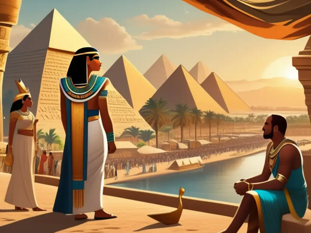 Una ilustración detallada en estilo vintage que muestra las bulliciosas calles del antiguo Egipto, con las pirámides y el majestuoso río Nilo de fondo