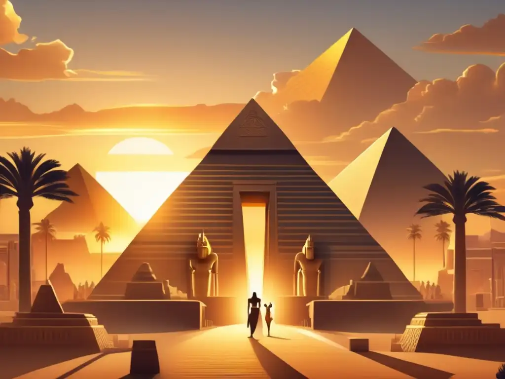 Una ilustración detallada en estilo vintage que muestra una escena mística del antiguo Egipto