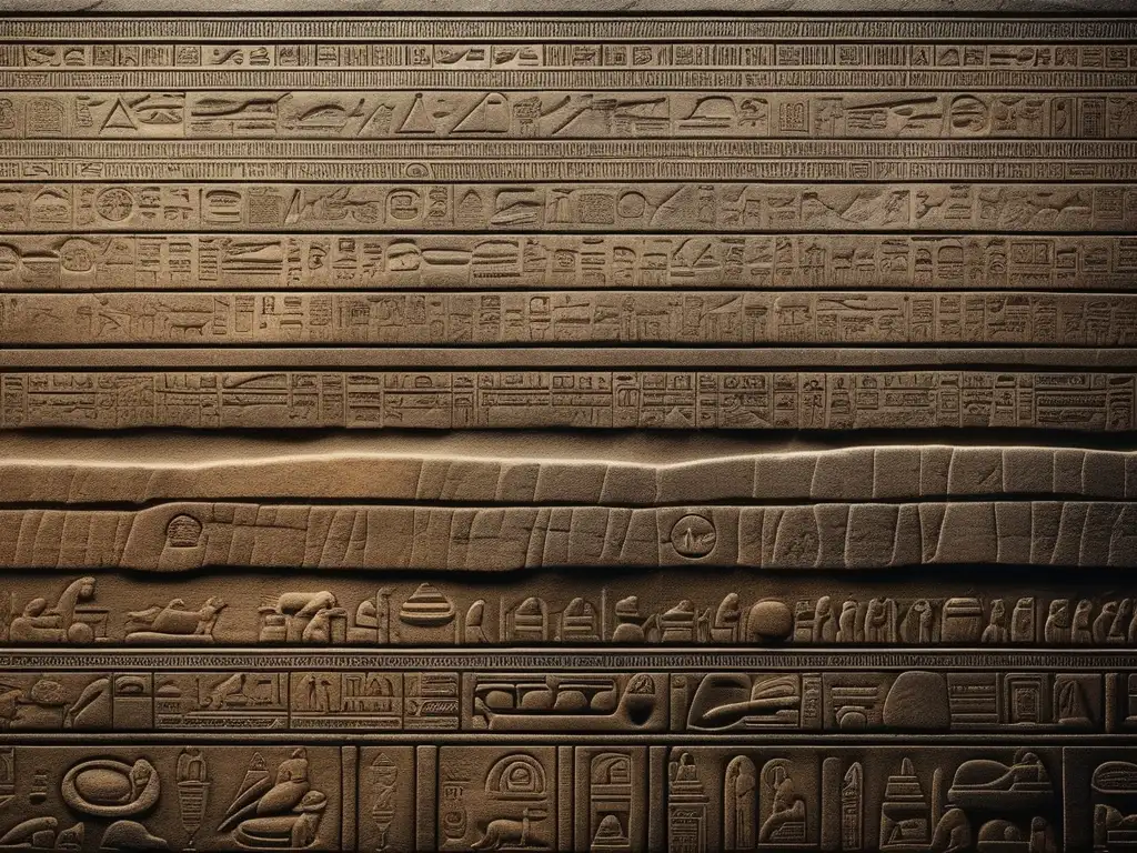 Una ilustración detallada en estilo vintage de la Piedra Rosetta, con inscripciones en jeroglíficos egipcios, escritura demótica y griego antiguo