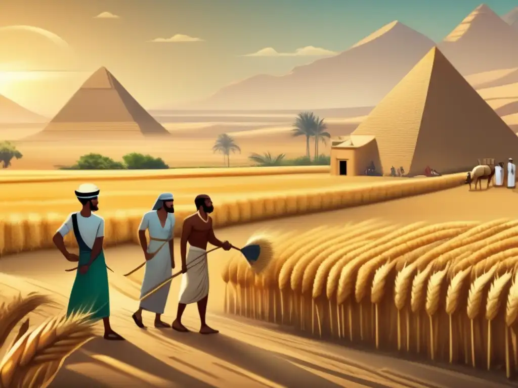 Una ilustración detallada en estilo vintage muestra el comercio de cereales en el antiguo Egipto faraónico
