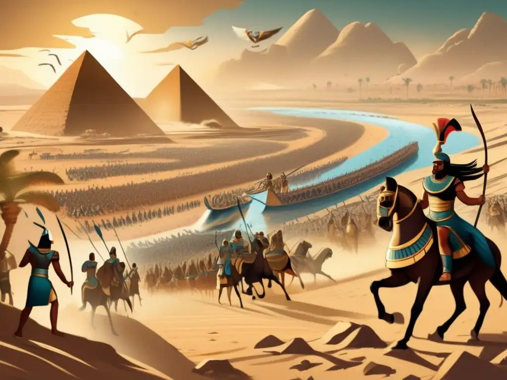 Una ilustración detallada en estilo vintage de una gran escena de batalla en el antiguo Egipto