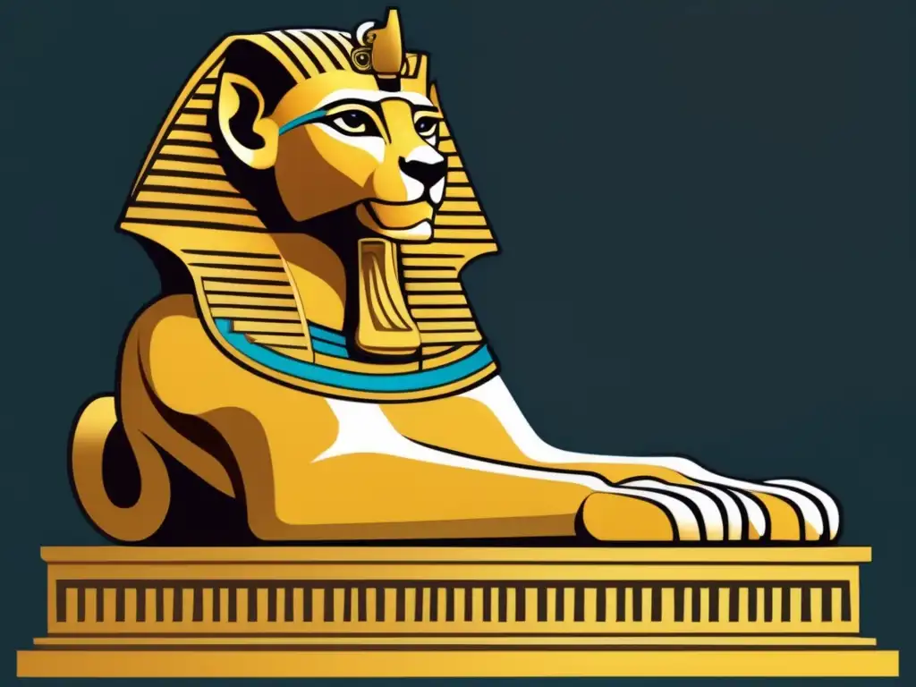 Una ilustración detallada de estilo vintage muestra una majestuosa esfinge egipcia reposando en un pedestal dorado en un antiguo templo