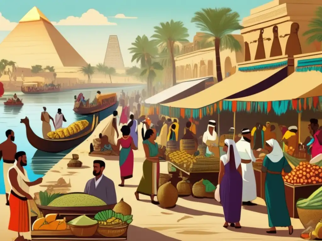 Una ilustración detallada estilo vintage de un bullicioso mercado egipcio a orillas del río Nilo