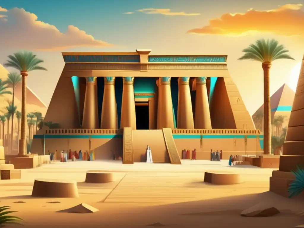 Un ilustración detallada estilo vintage muestra un complejo de templos en el Antiguo Egipto, con columnas imponentes y relieves y murales vibrantes
