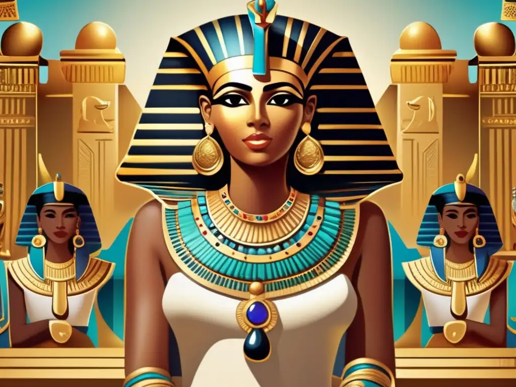 Una ilustración detallada en estilo vintage que muestra la importancia simbólica de la joyería en el antiguo Egipto