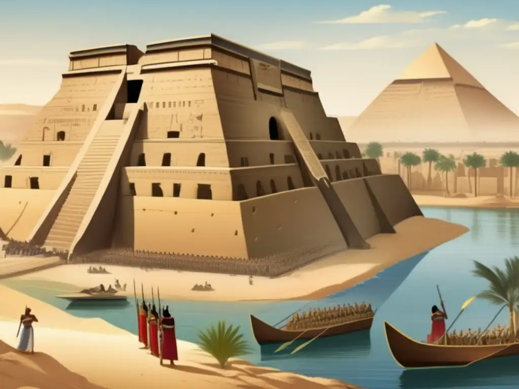 Una ilustración detallada muestra una fortaleza militar antigua en el Antiguo Egipto, a orillas del río Nilo