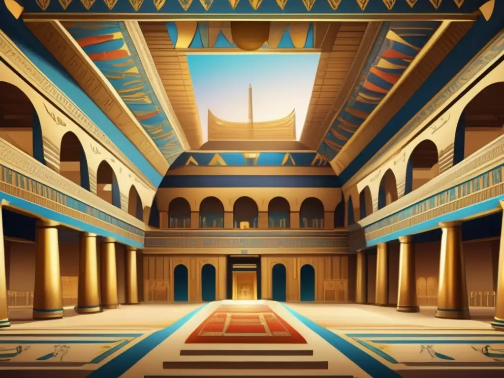 Una ilustración detallada en 8k que muestra un gran salón en el Antiguo Egipto, con murales coloridos y jeroglíficos intricados