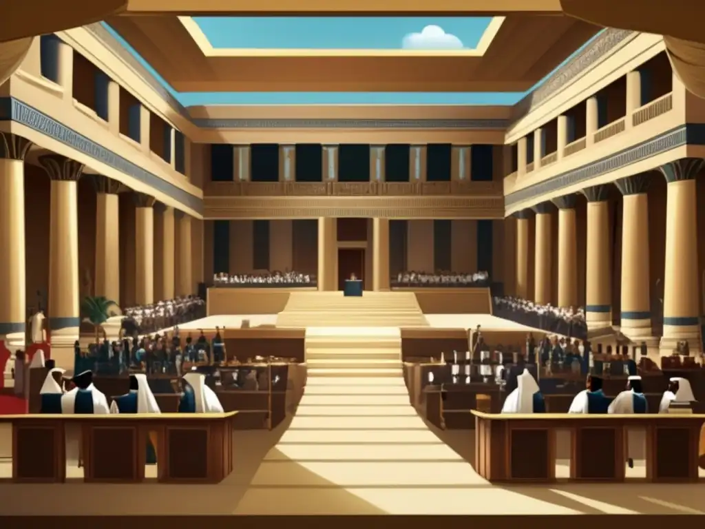 Una ilustración detallada y impactante del proceso administrativo y judicial en el Imperio Medio, evocando autenticidad histórica