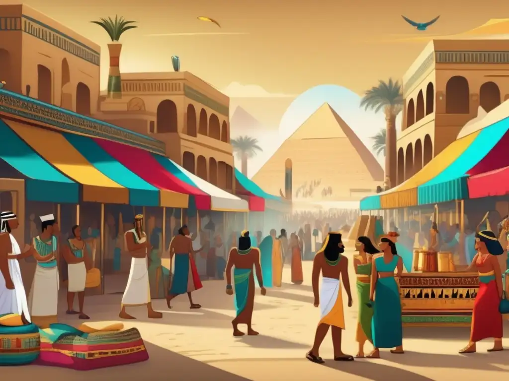 Una ilustración detallada de la influencia de los Hicsos en Egipto: un animado escenario en el antiguo Egipto donde las culturas se entrelazan en un bullicioso mercado