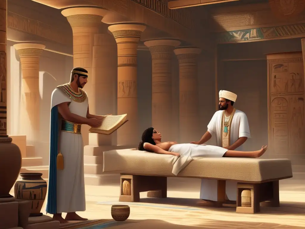 Una ilustración detallada muestra la medicina y magia en el antiguo Egipto
