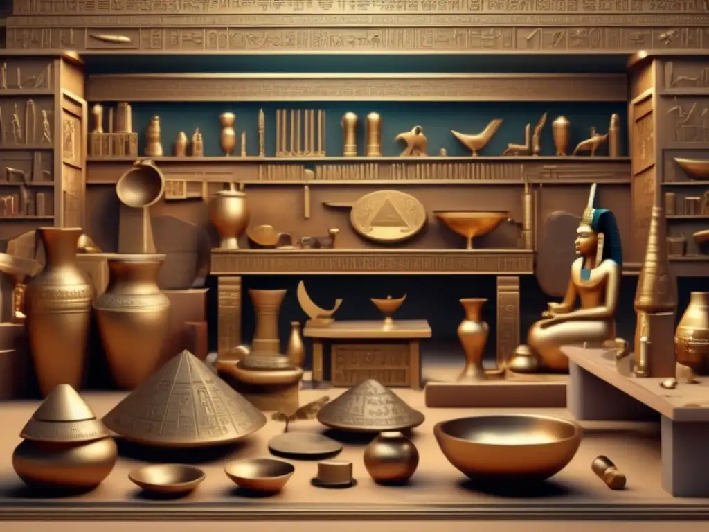 Una ilustración detallada de la metalurgia en la civilización egipcia, con artesanos hábiles creando objetos de bronce y oro